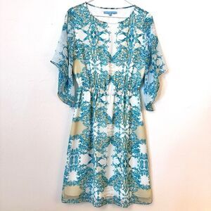 ANTONIO MELANI Light teal, white and very light yellow dress.